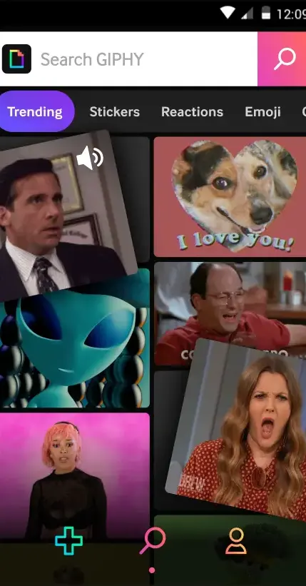 Der Suchbildschirm der GIPHY-App mit den Reitern Trending, Stickers, Reactions und Emoji über einem Raster aus Animationen