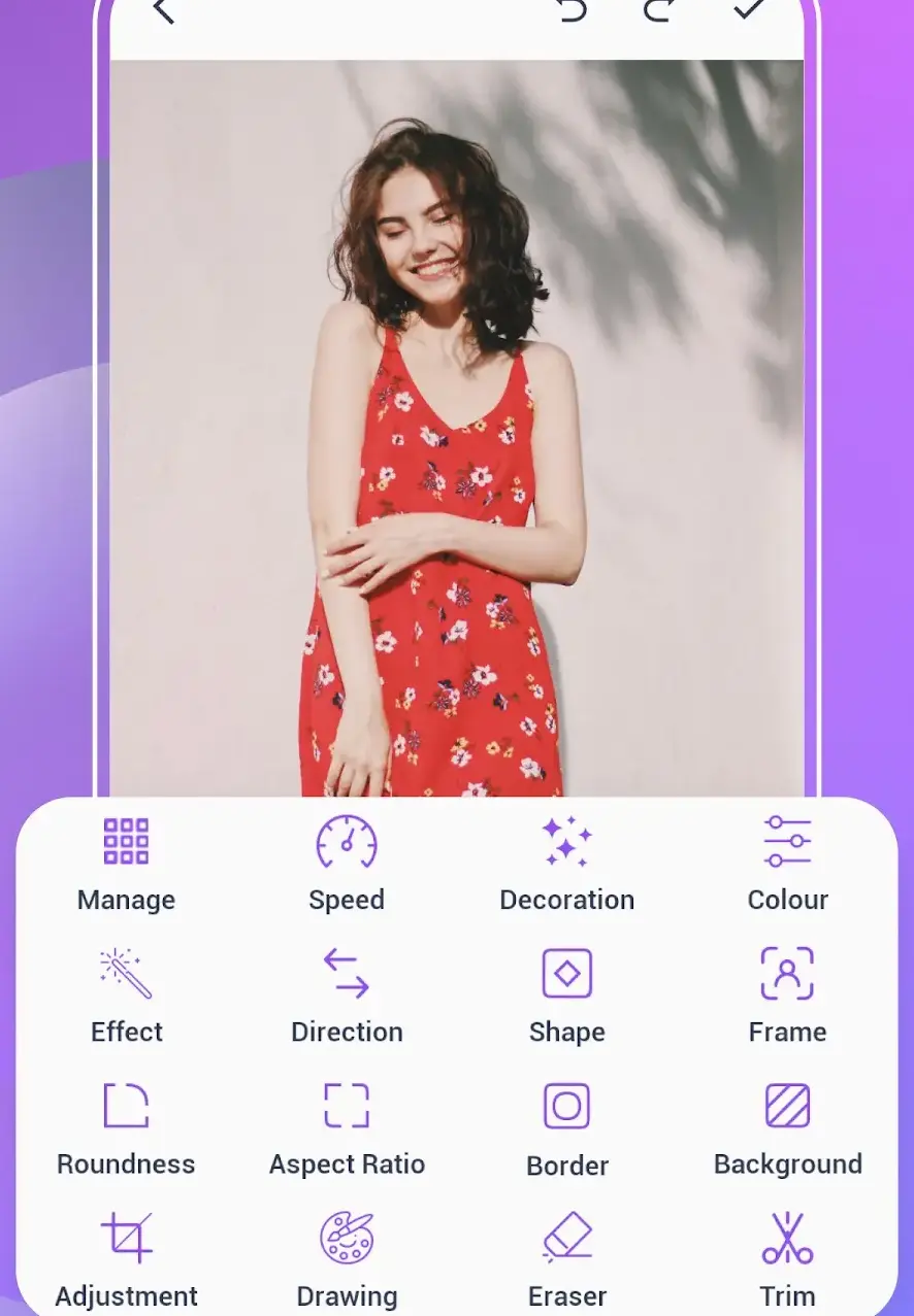 Der Editor von GIF Maker mit einem Einzelbild auf der Arbeitsfläche und darunter einer Werkzeugpalette, beschriftet mit Manage, Speed, Decoration, Colour, Effect, Direction, Shape, Frame, Roundness, Aspect Ratio, Border, Background, Adjustment, Drawing, Eraser und Trim