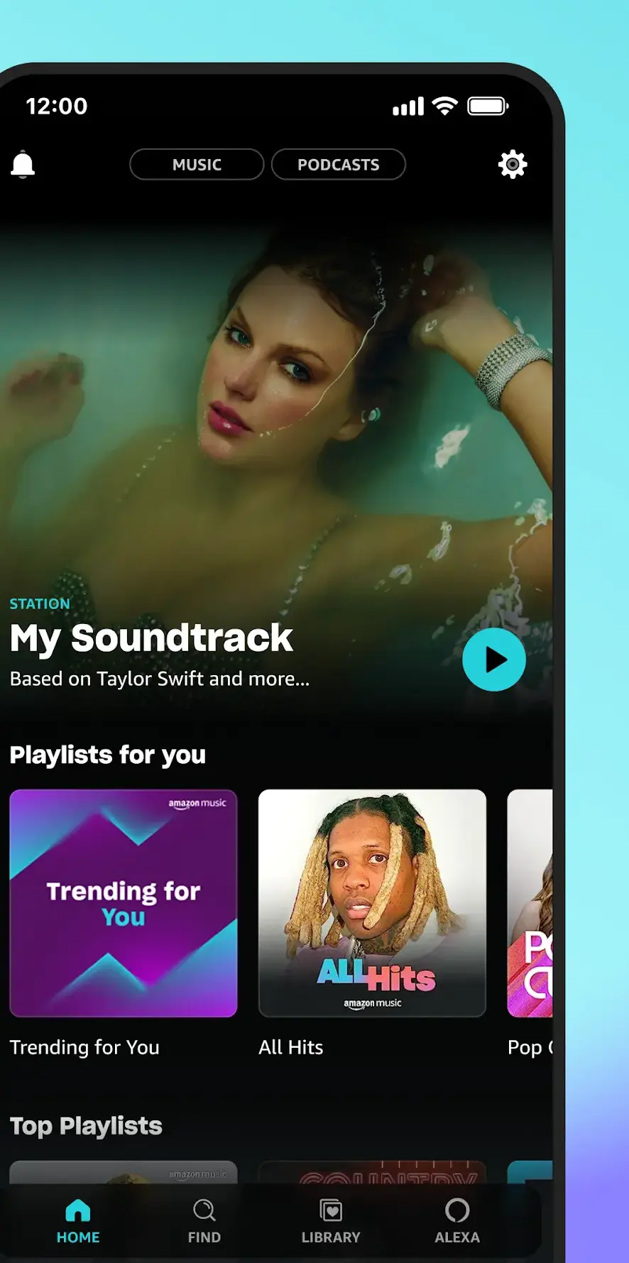 Der Startbildschirm von Amazon Music mit den Reitern Music und Podcasts, einem Sender My Soundtrack sowie den Reihen Playlists for you und Top playlists
