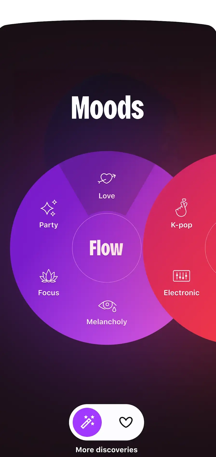 Der Moods-Bildschirm von Deezer mit Flow in der Mitte überlappender Stimmungskreise, beschriftet mit Party, Love, K-pop, Electronic, Melancholy und Focus