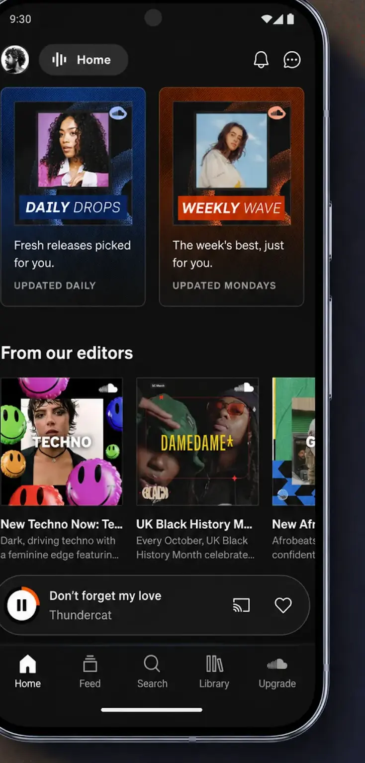 Der Startbildschirm von SoundCloud mit den Karten Daily Drops und Weekly Wave über einer Reihe From our editors