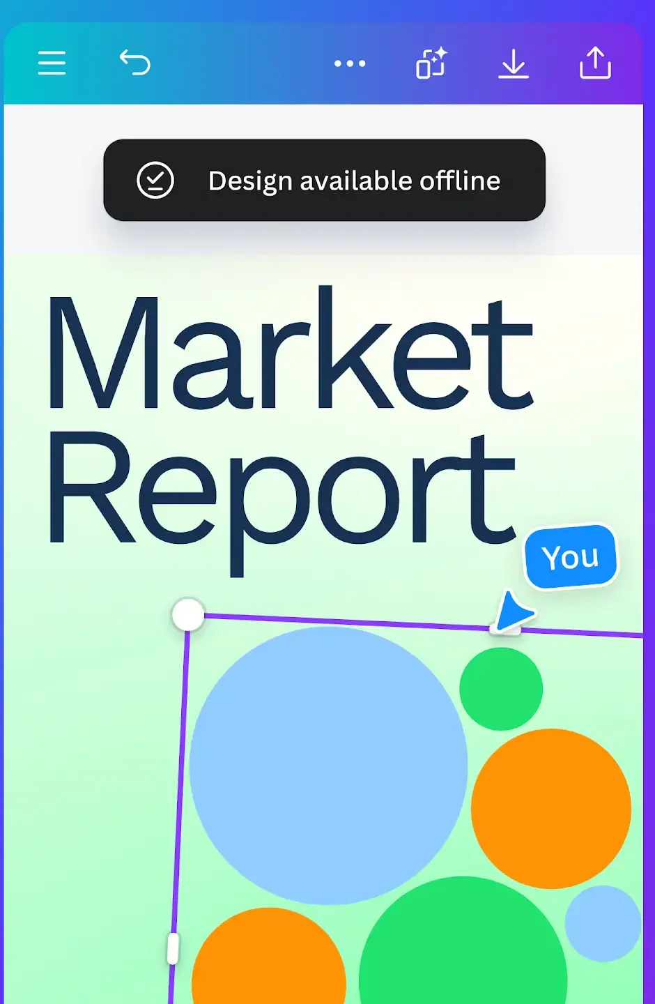 Der Canva-Editor mit einer Arbeitsfläche, überschrieben Market Report, über einer Gruppe blauer, grüner und oranger Kreise, einem schwarzen Hinweis Design available offline am oberen Rand, einem violetten Auswahlrahmen mit runden Griffen und einem blauen Zeiger mit der Beschriftung You