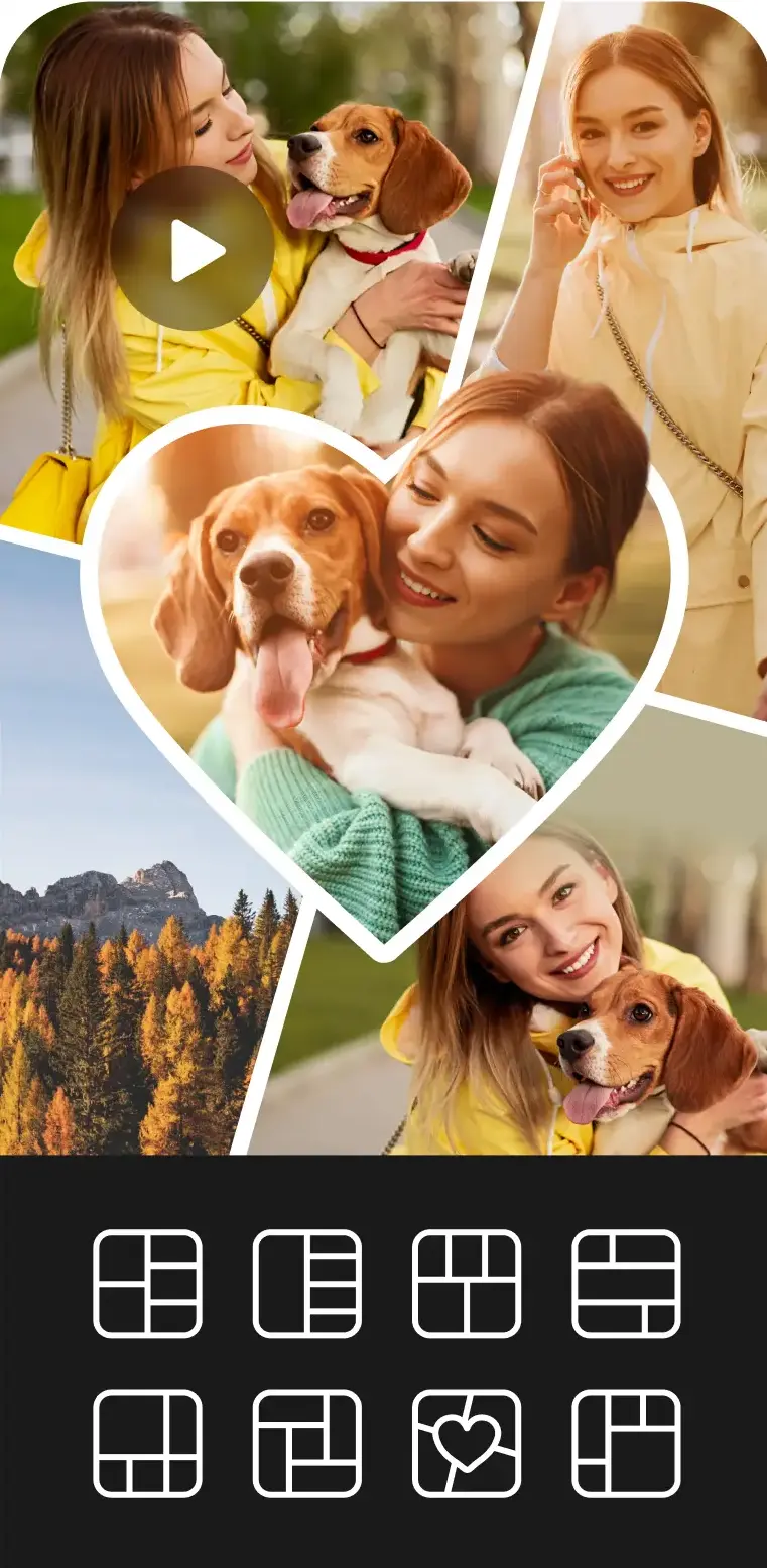 Der Collage-Editor von PhotoGrid mit einer Arbeitsfläche aus mehreren Fotos rund um einen herzförmigen Ausschnitt, eine Zelle mit Video-Abspielsymbol, und einer dunklen Leiste am unteren Rand mit acht wählbaren Rastervorlagen