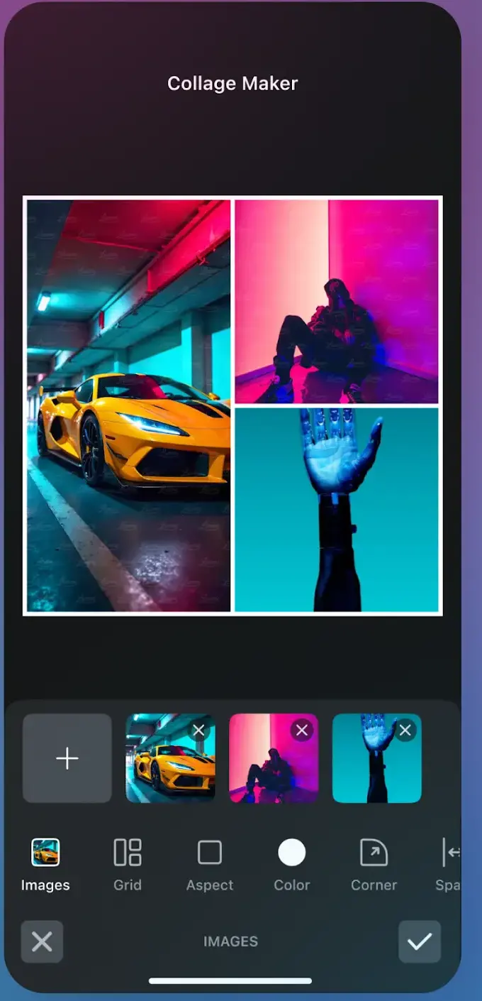 Ein Collage-Editor mit der Überschrift Collage Maker zeigt drei Fotos in einem weiß umrandeten Raster, darunter eine Leiste mit Hinzufügen-Schaltfläche und Miniaturen derselben drei Bilder sowie eine dunkle Werkzeugleiste mit Images, Grid, Aspect, Color und Corner