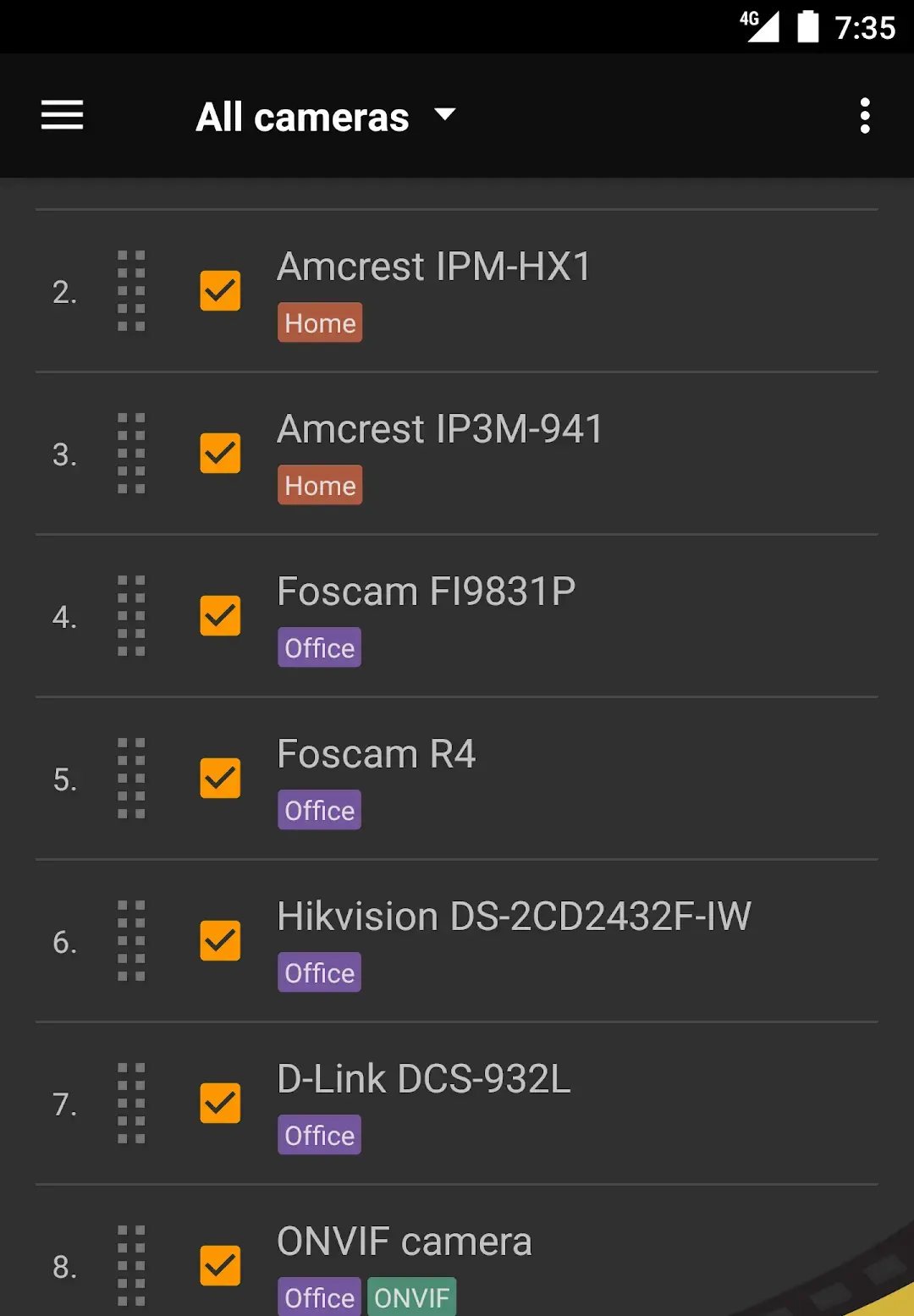 Die Kameraliste von tinyCam Monitor, gescrollt ab Eintrag 2, mit Amcrest IPM-HX1 und Amcrest IP3M-941 als Home markiert, Foscam FI9831P, Foscam R4, Hikvision DS-2CD2432F-IW und D-Link DCS-932L als Office, und einem ONVIF-Eintrag am unteren Rand