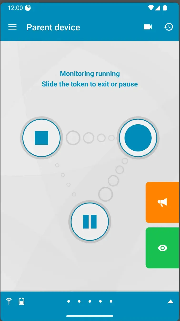 Der Elterngerät-Bildschirm von Dormi mit den Texten Monitoring running und Slide the token to exit or pause, einer Stopp-Schaltfläche neben einem runden blauen Regler, einer Pause-Schaltfläche darunter und orangefarbenen Sprech- sowie grünen Ansichtsreitern am rechten Rand