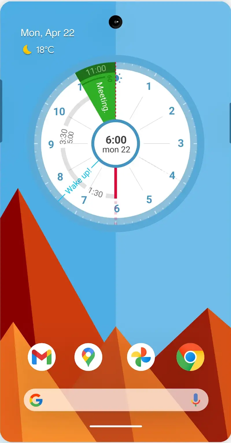 Das Sectograph-Widget auf einem Android-Startbildschirm zeigt den Tag als Zwölfstunden-Ziffernblatt, mit einem grünen Sektor namens Meeting, so breit wie die Stunde, die er einnimmt, und einem Weckruf am Rand