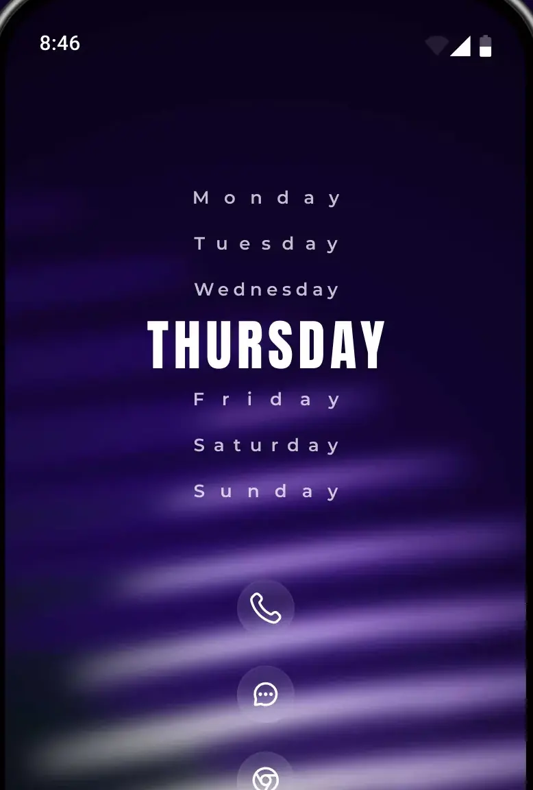Ein selbst gestaltetes KWGT-Widget listet die Wochentage untereinander auf, der aktuelle Tag hervorgehoben, darunter eine einzelne mittige Spalte mit App-Verknüpfungen